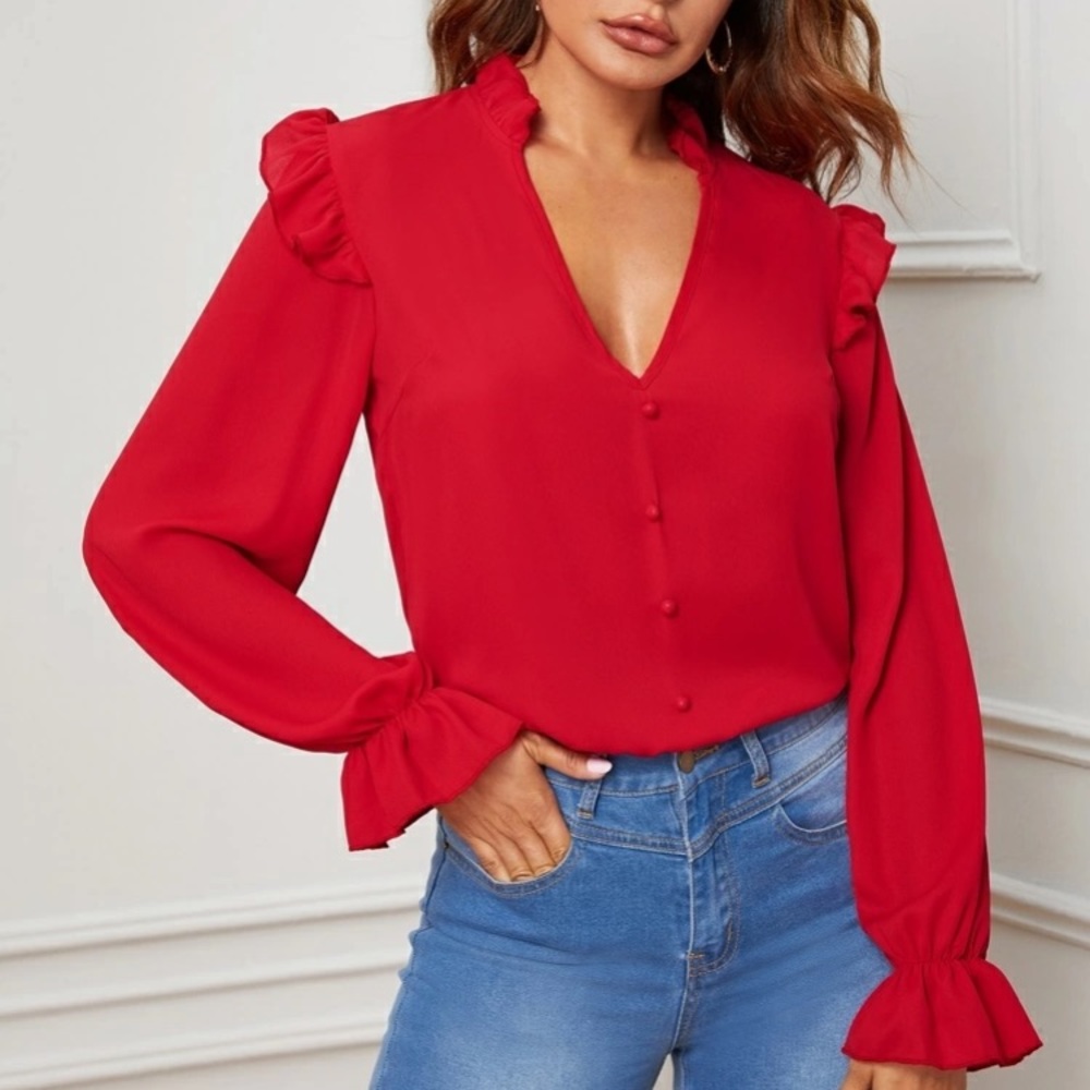 Ruffle Trim Button Front Blouse